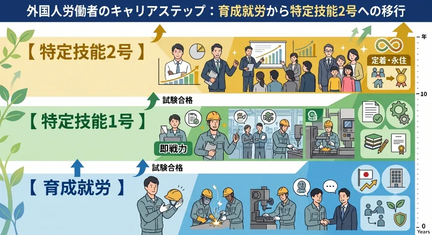 外国人労働者のキャリアステップ：育成就労から特定技能2号への移行